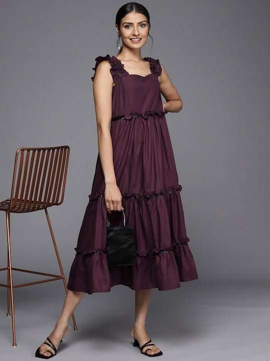 Burgundy Ethnic A-Line Midi Dress - Inddus.com