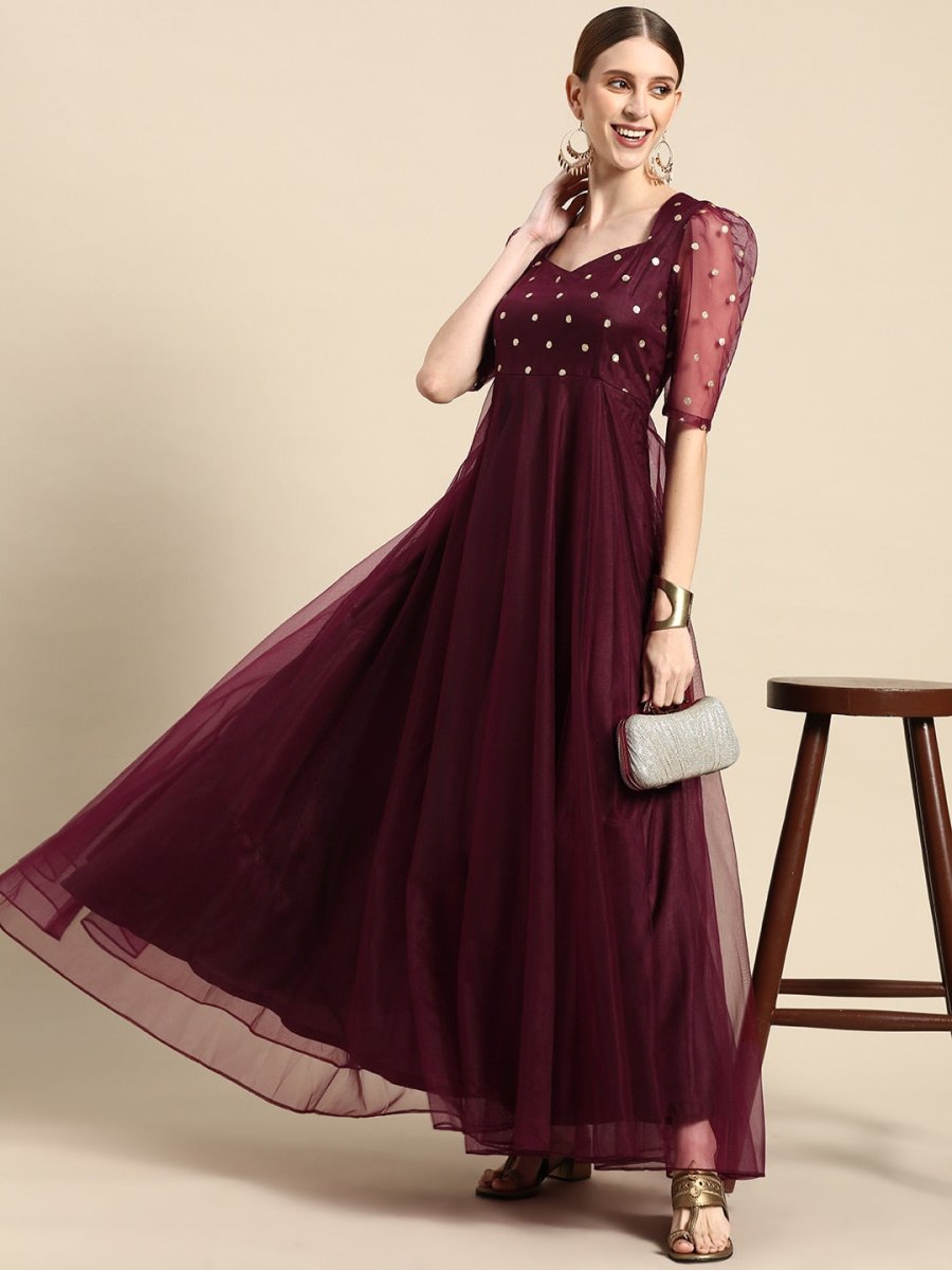 Burgundy Ethnic Motifs Embroidered Net Maxi Dress - Inddus.com