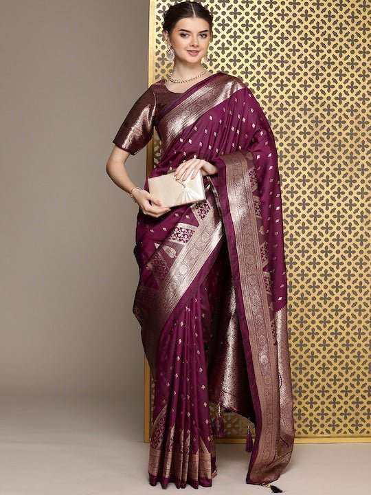 Burgundy Ethnic Motifs Woven Design Zari Pure Silk Saree - Inddus.com