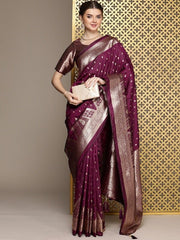Burgundy Ethnic Motifs Woven Design Zari Pure Silk Saree - Inddus.com