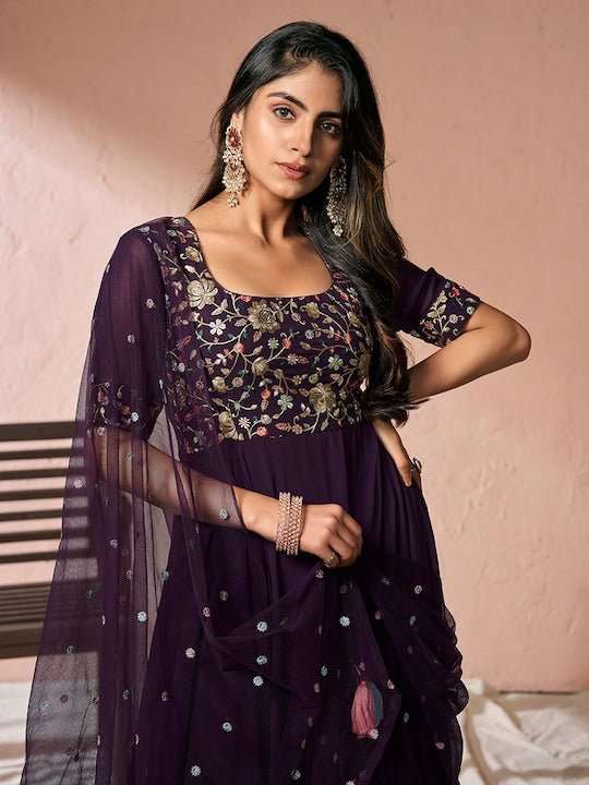 Burgundy Floral Embroidered Sequinned Fit and Flare Ethnic Dress With Dupatta - Inddus.com