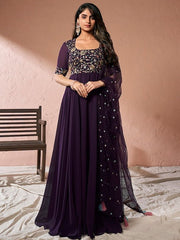 Burgundy Floral Embroidered Sequinned Fit and Flare Ethnic Dress With Dupatta - Inddus.com