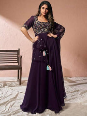 Burgundy Floral Embroidered Sequinned Fit and Flare Ethnic Dress With Dupatta - Inddus.com