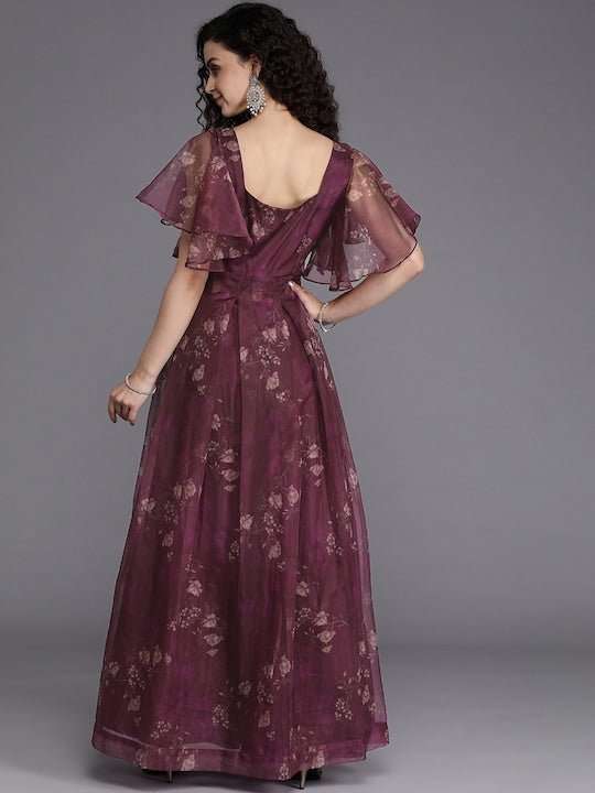 Burgundy Floral Maxi Dress - Inddus.com