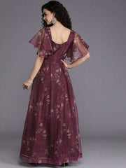 Burgundy Floral Maxi Dress - Inddus.com