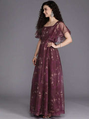 Burgundy Floral Maxi Dress - Inddus.com