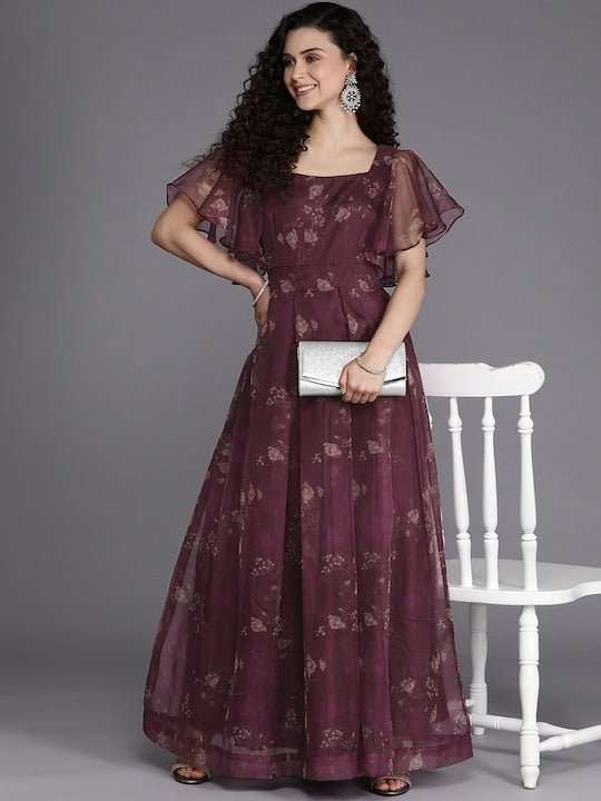 Burgundy Floral Maxi Dress - Inddus.com
