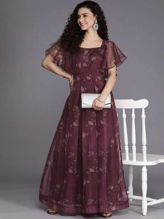 Burgundy Floral Maxi Dress - Inddus.com
