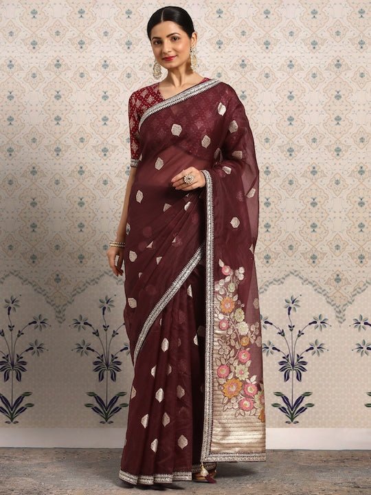 Burgundy Floral Zari Organza Saree - Inddus.com