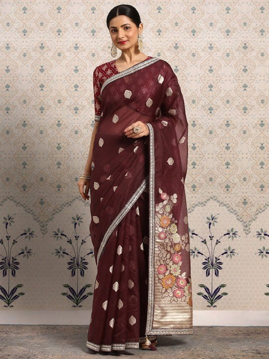 Burgundy Floral Zari Organza Saree - Inddus.com