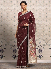Burgundy Floral Zari Organza Saree - Inddus.com