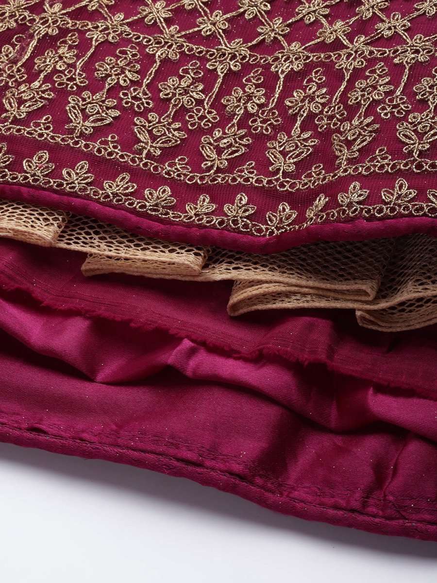 Burgundy & Gold-Toned Embroidered Semi-Stitched Lehenga & Unstitched Blouse With Dupatta - Inddus.com