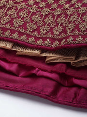 Burgundy & Gold-Toned Embroidered Semi-Stitched Lehenga & Unstitched Blouse With Dupatta - Inddus.com
