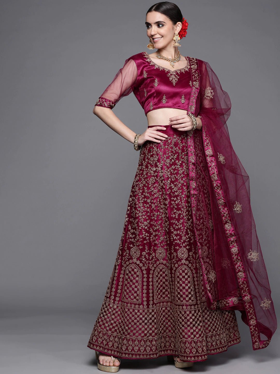 Burgundy & Gold-Toned Embroidered Semi-Stitched Lehenga & Unstitched Blouse With Dupatta - Inddus.com