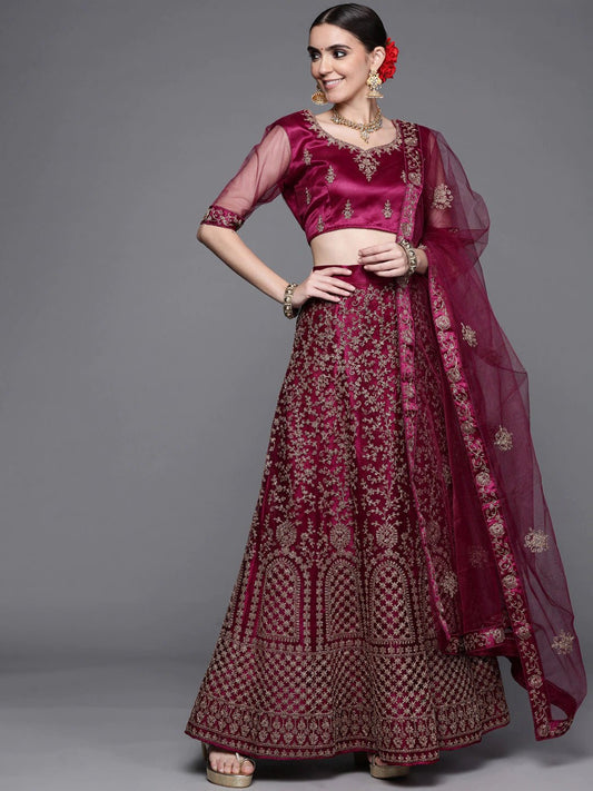 Burgundy & Gold-Toned Embroidered Semi-Stitched Lehenga & Unstitched Blouse With Dupatta - Inddus.com