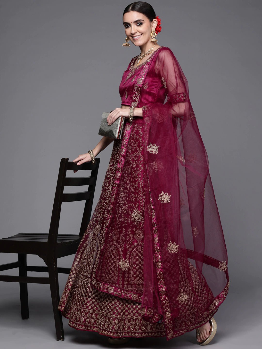 Burgundy & Gold-Toned Embroidered Semi-Stitched Lehenga & Unstitched Blouse With Dupatta - Inddus.com