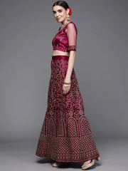 Burgundy & Gold-Toned Embroidered Semi-Stitched Lehenga & Unstitched Blouse With Dupatta - Inddus.com
