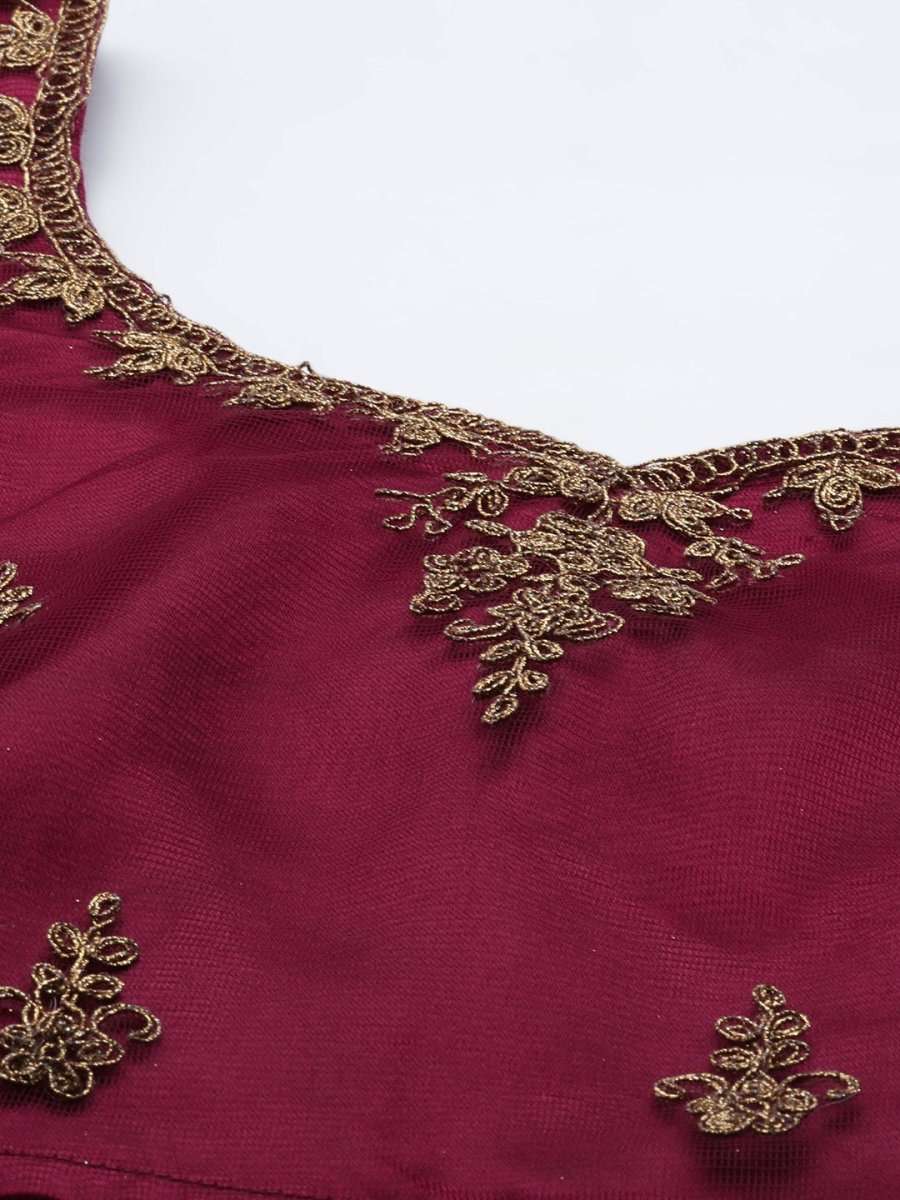 Burgundy & Gold-Toned Embroidered Semi-Stitched Lehenga & Unstitched Blouse With Dupatta - Inddus.com