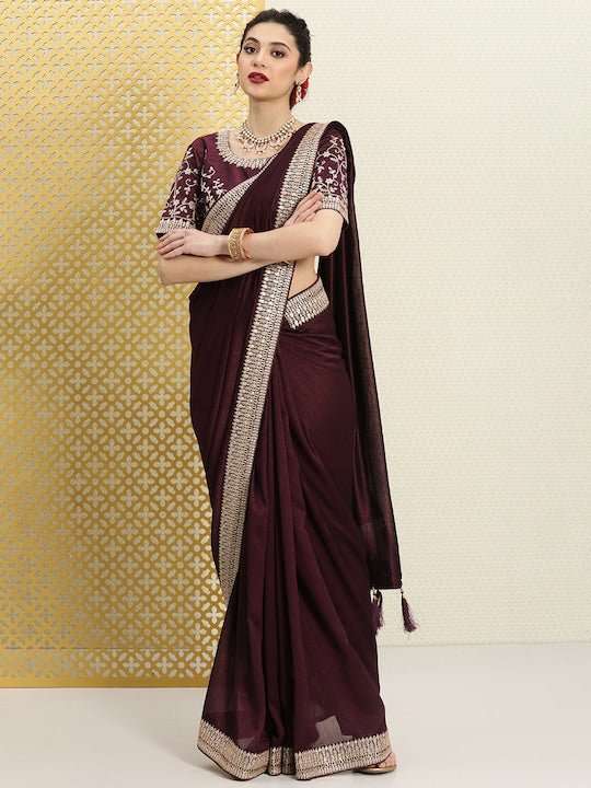 Burgundy & Gold-Toned Sequinned Silk Blend Saree