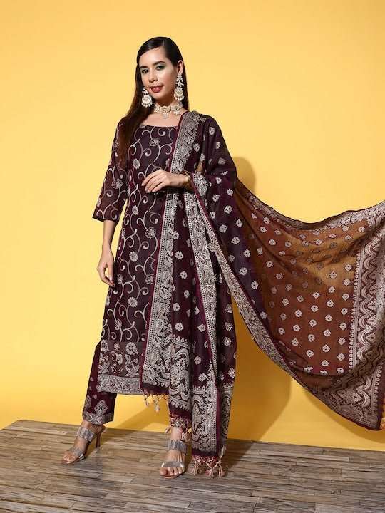 Burgundy Pure Cotton Unstitched Dress Material - Inddus.com