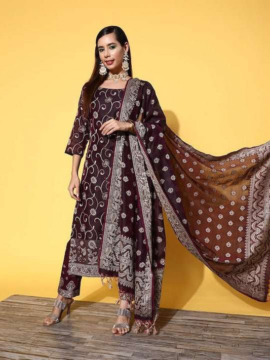 Burgundy Pure Cotton Unstitched Dress Material - Inddus.com