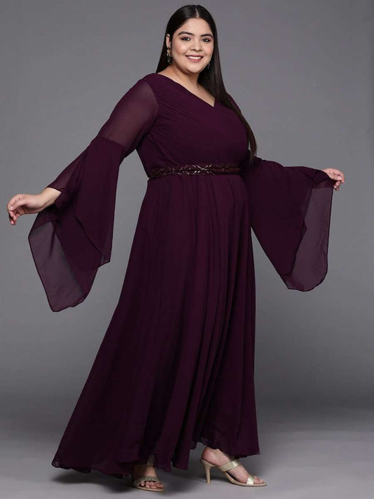 Burgundy Solid Georgette Ethnic Maxi Gown - Inddus.com