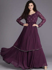 Burgundy Zari Embroidered Georgette Ethnic Gown - Inddus.com