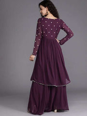 Burgundy Zari Embroidered Georgette Ethnic Gown - Inddus.com
