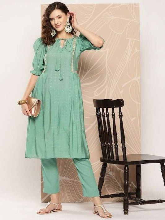 Chanderi Cotton Kurta With Trousers - Inddus.com