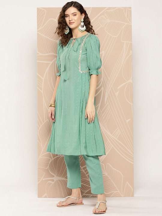 Chanderi Cotton Kurta With Trousers - Inddus.com