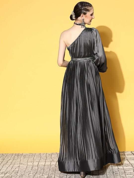 Charcoal Grey Pleated One Shoulder Gown with Belt - Inddus.com