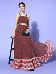 Charming Women Brown Trible Printed Top & Skirt - Inddus.com