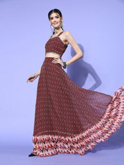 Charming Women Brown Trible Printed Top & Skirt - Inddus.com