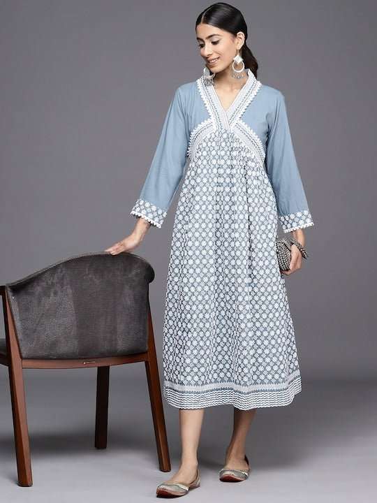 Chikankari Embroidered A-Line Midi Dress - Inddus.com