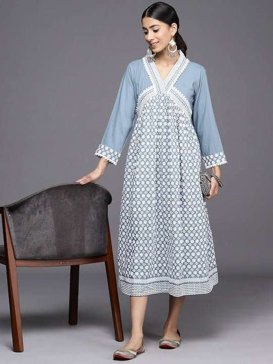 Chikankari Embroidered A-Line Midi Dress - Inddus.com