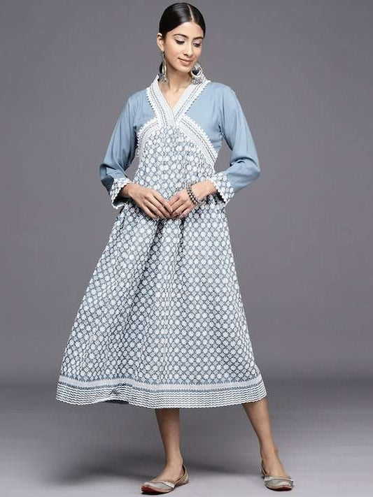 Chikankari Embroidered A-Line Midi Dress - Inddus.com