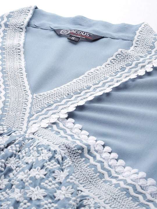 Chikankari Embroidered A-Line Midi Dress - Inddus.com