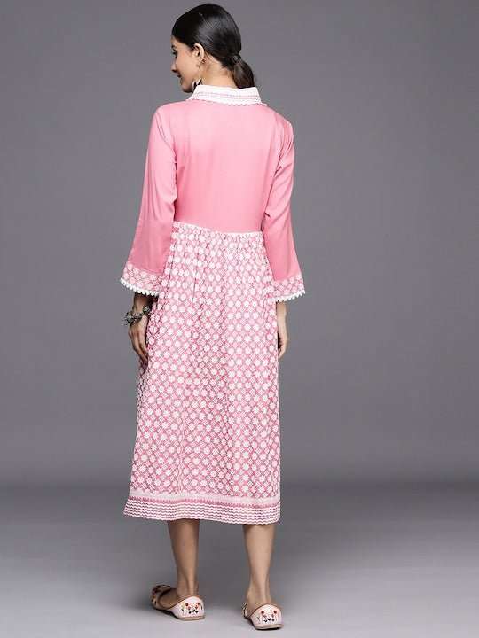 Chikankari Embroidered A-line Midi Dress - Inddus.com