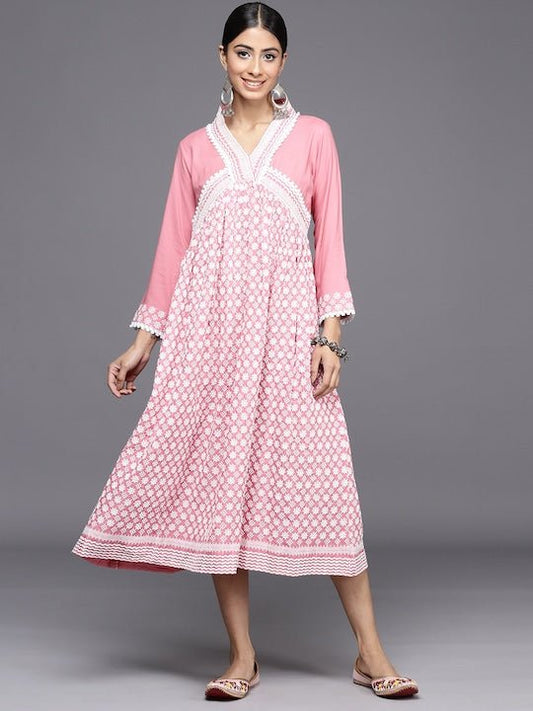 Chikankari Embroidered A-line Midi Dress - Inddus.com