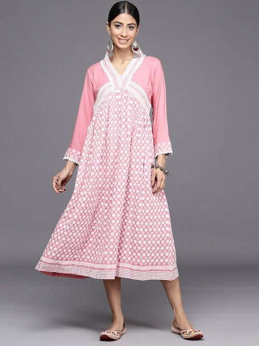 Chikankari Embroidered A-line Midi Dress - Inddus.com