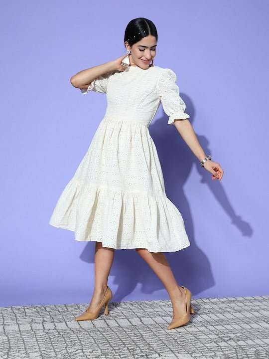 Chikankari Embroidered Midi Dress - Inddus.com