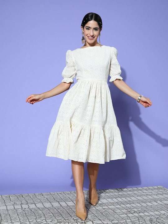Chikankari Embroidered Midi Dress - Inddus.com