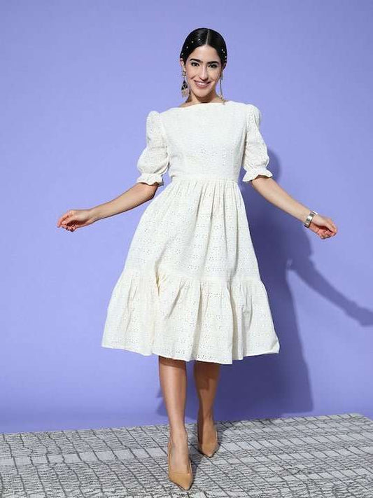 Chikankari Embroidered Midi Dress - Inddus.com
