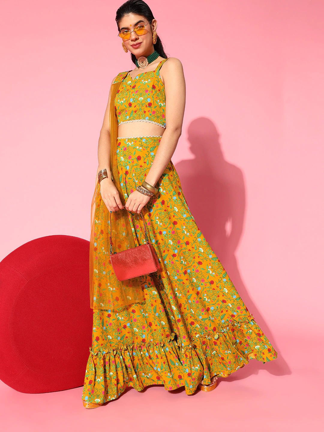 Classic Mustard Printed Semi-Stitched Lehenga Choli with Dupatta - Inddus.com