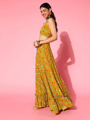 Classic Mustard Printed Semi-Stitched Lehenga Choli with Dupatta - Inddus.com