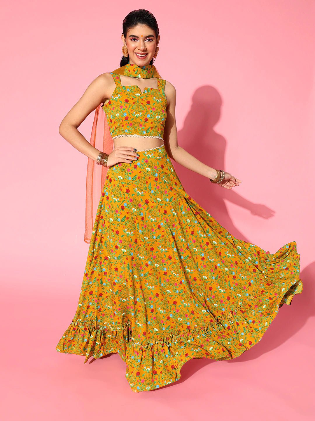 Classic Mustard Printed Semi-Stitched Lehenga Choli with Dupatta - Inddus.com