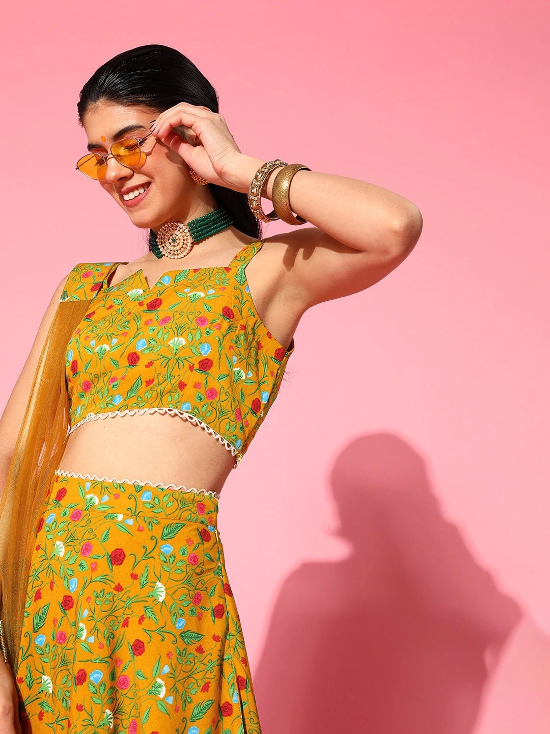 Classic Mustard Printed Semi-Stitched Lehenga Choli with Dupatta - Inddus.com