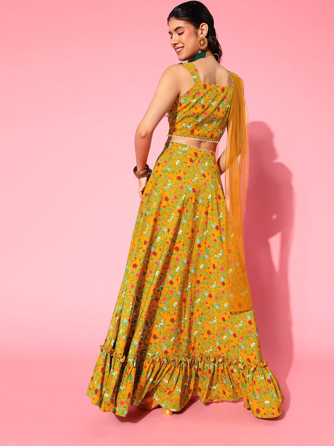 Classic Mustard Printed Semi-Stitched Lehenga Choli with Dupatta - Inddus.com