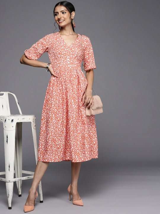 Coral Orange & White Floral Print A-Line Midi Dress - Inddus.com