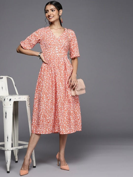 Coral Orange & White Floral Print A-Line Midi Dress - Inddus.com